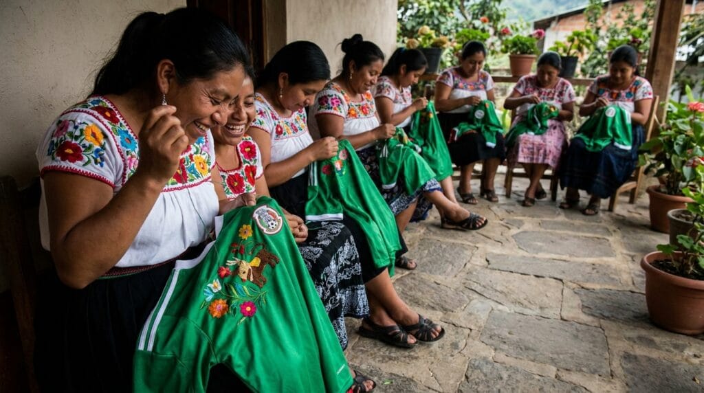Nahuas bondando playeras de la selección mexicana
