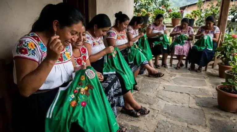 Nahuas bondando playeras de la selección mexicana