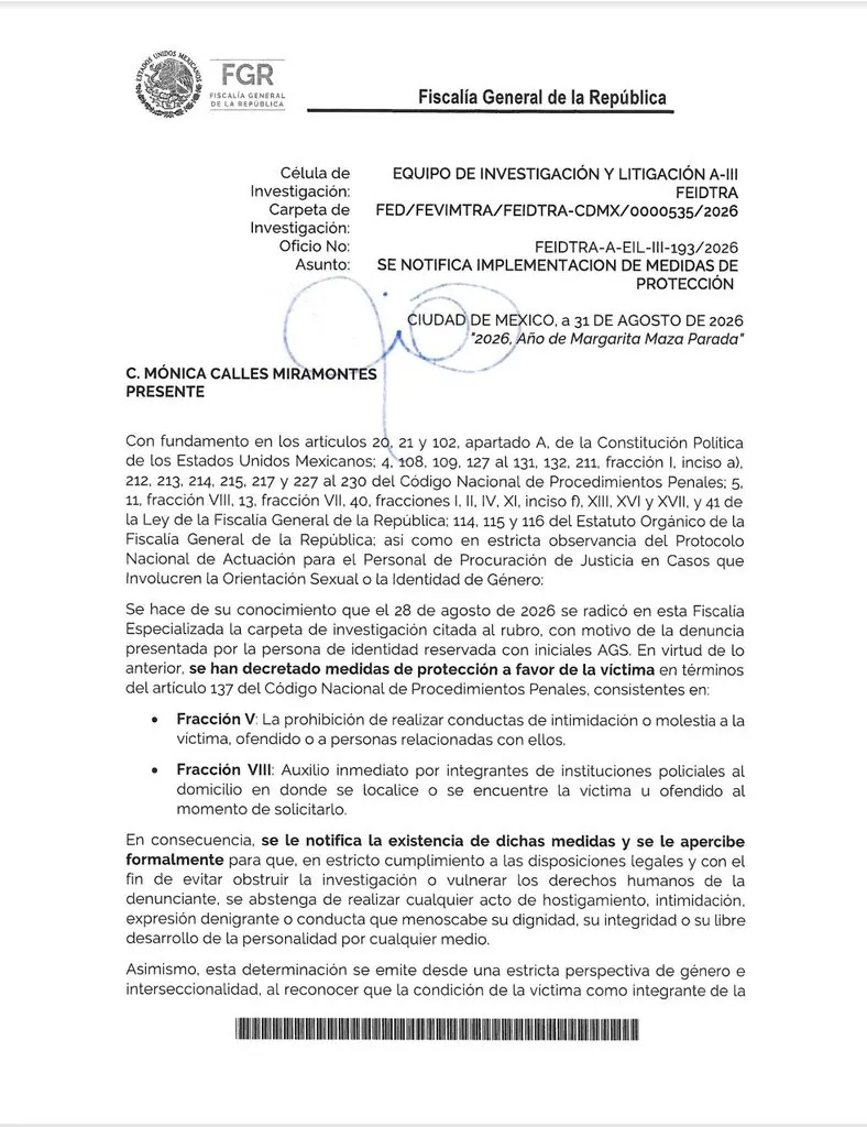 Denuncia FGR Mónica Calles Miramontes